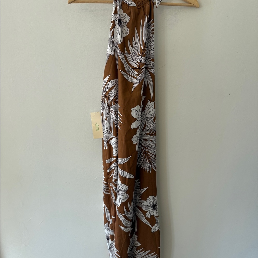 JADE Brown Halter Maxi Dress with White Floral Design